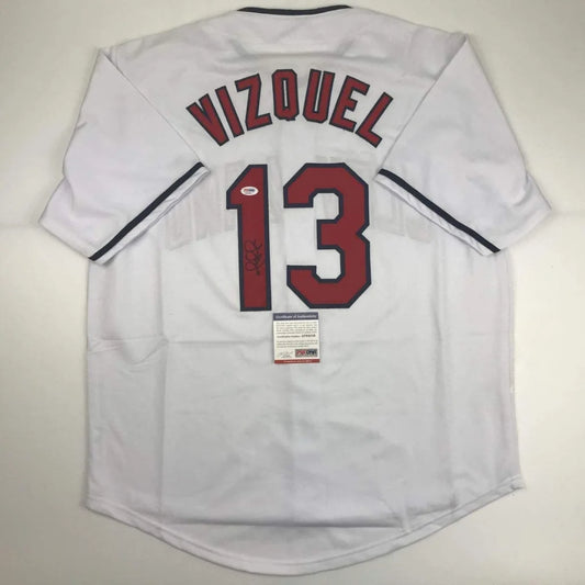 Autographed Omar Vizquel Cleveland White Baseball Jersey PSA/DNA COA | Hall of Fame Sports Memorabilia | vintageantiquesgifts.com