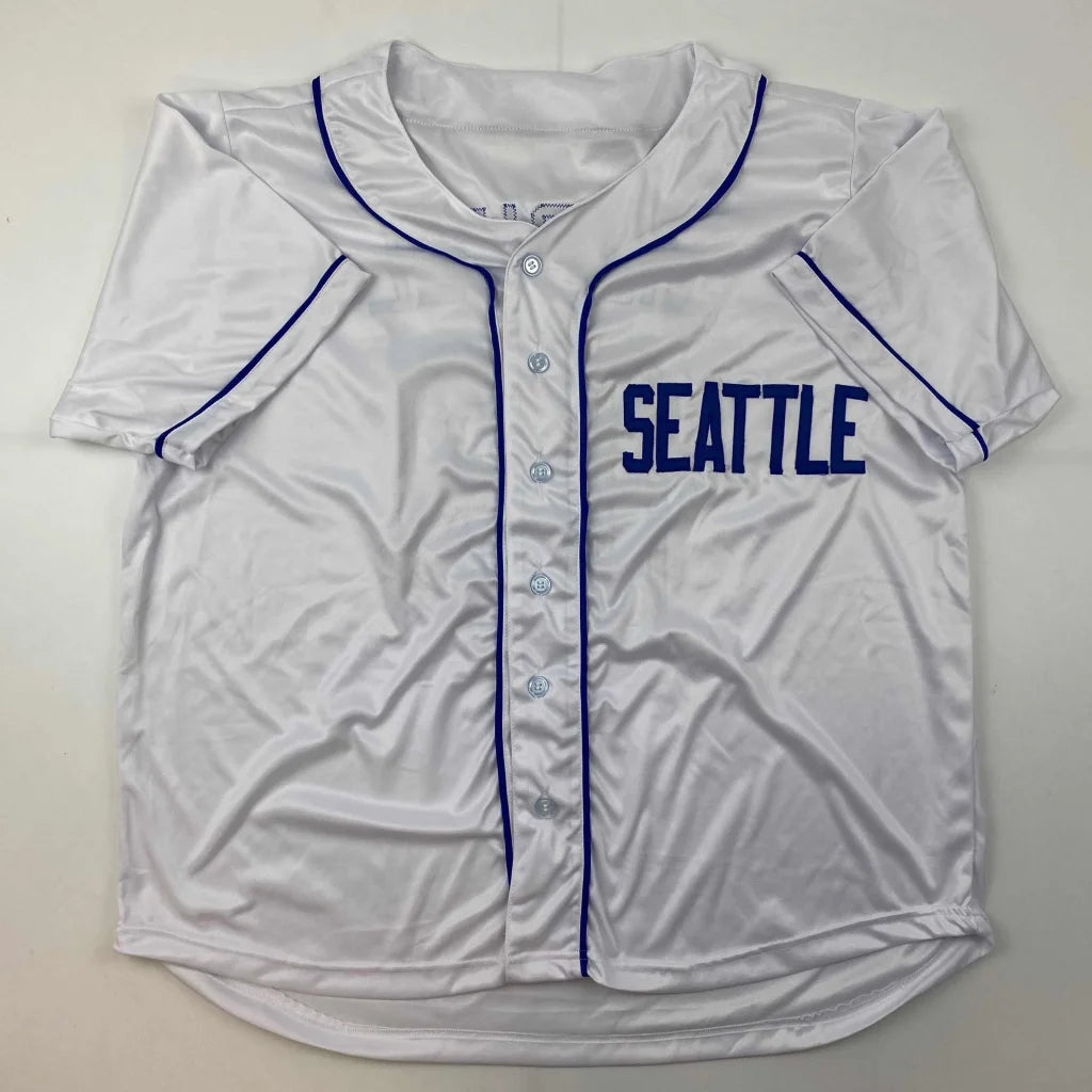 White short-sleeved baseball jersey with blue piping and SEATTLE for your custom sports gear