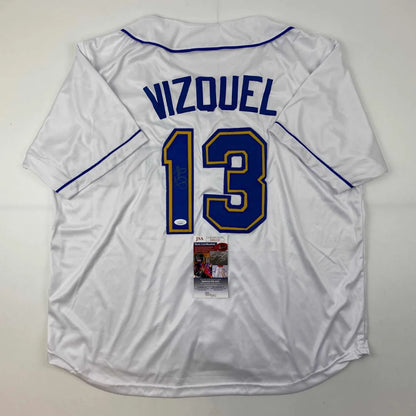 White Omar Vizquel custom jersey with blue and gold sports league lettering