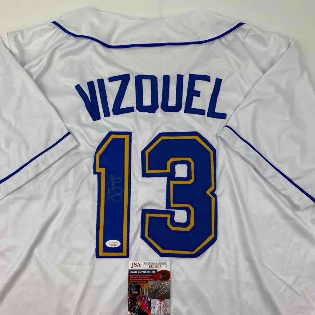 Autographed Omar Vizquel Seattle White Baseball Jersey JSA COA | Certified Authentic Signed Memorabilia | vintageantiquesgifts.com