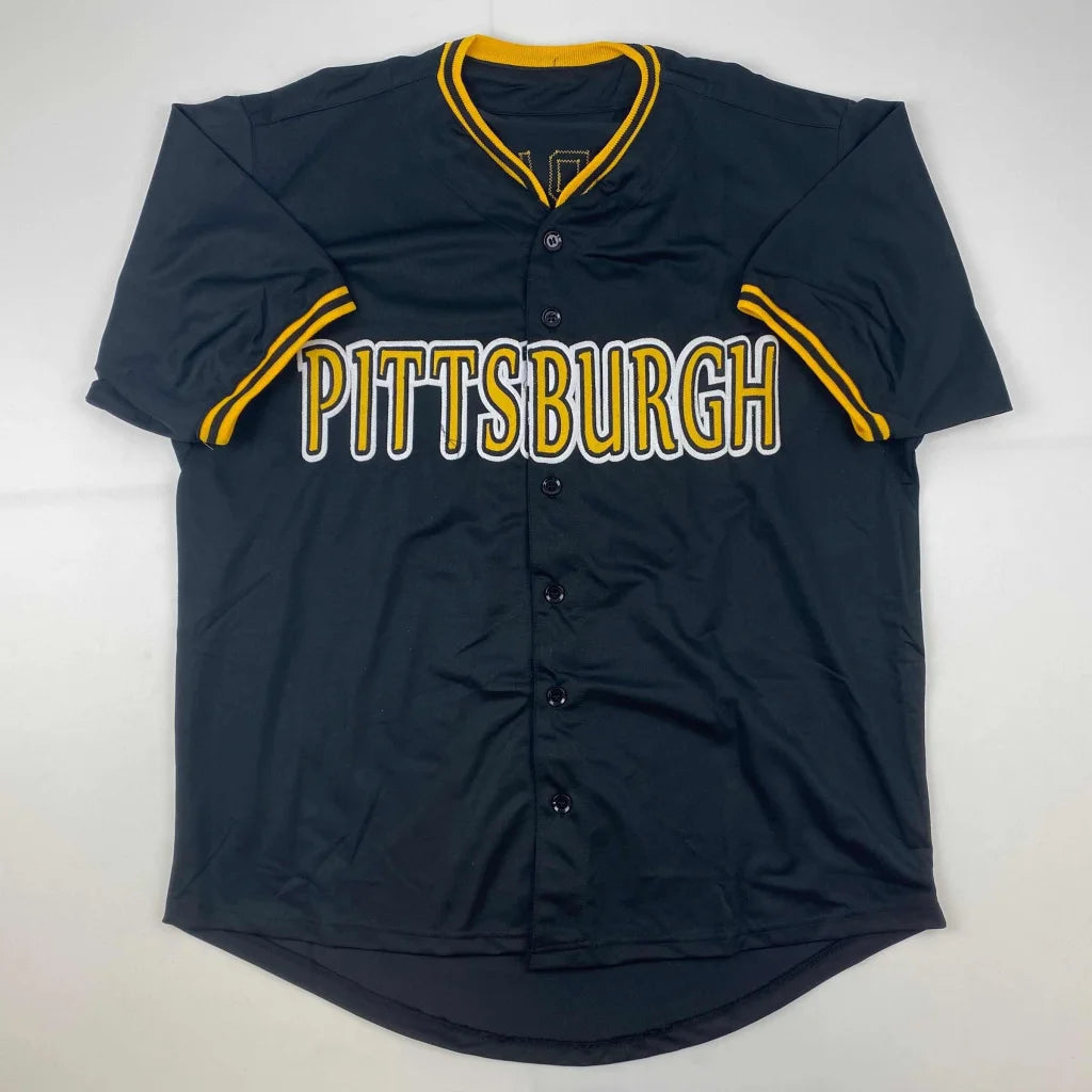 Black custom jersey from professional sports league with Pittsburgh lettering and yellow accents
