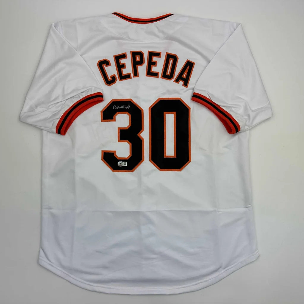 Autographed Orlando Cepeda custom jersey in white with black and orange lettering, number 30, Beckett COA