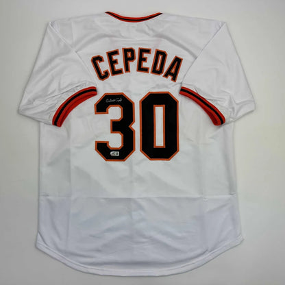 Autographed Orlando Cepeda custom jersey in white with black and orange lettering, number 30, Beckett COA