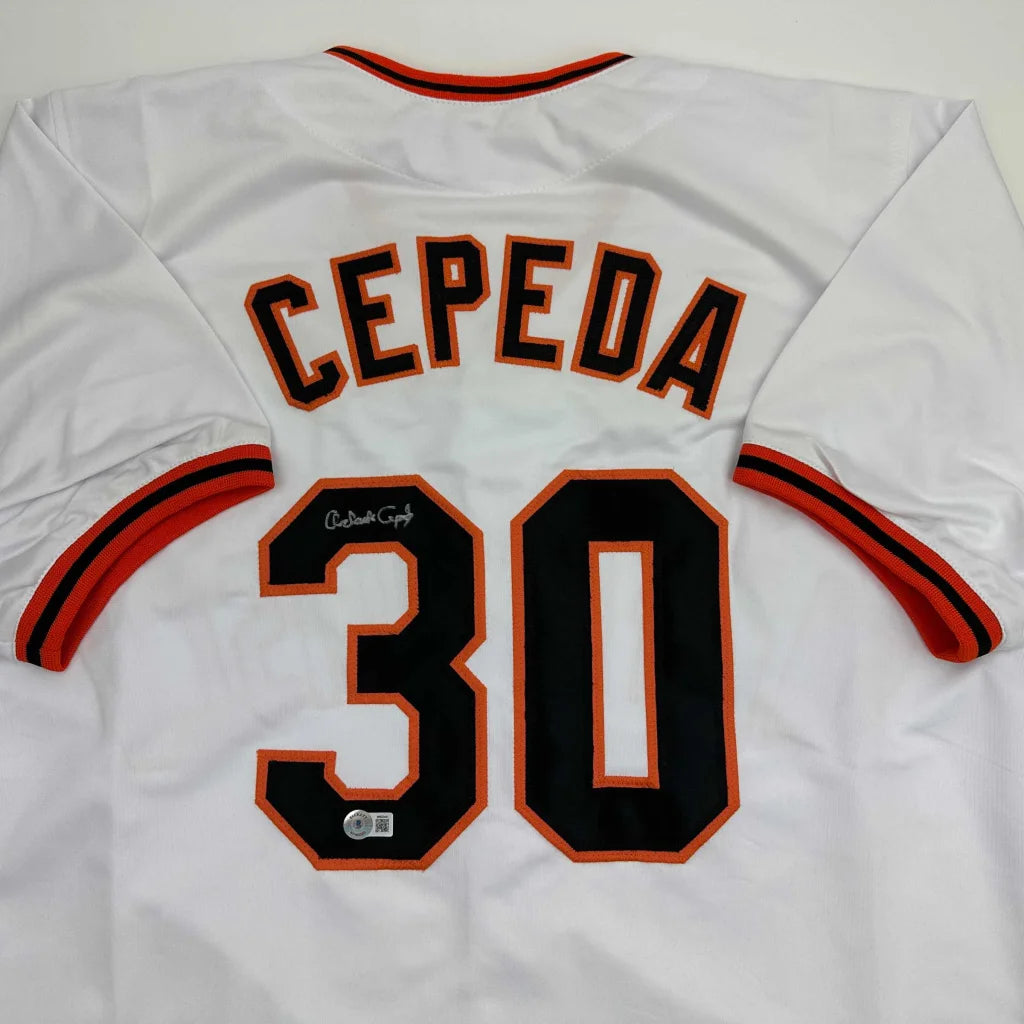 Autographed Orlando Cepeda custom jersey, white with black and orange lettering, number 30, Beckett BAS COA