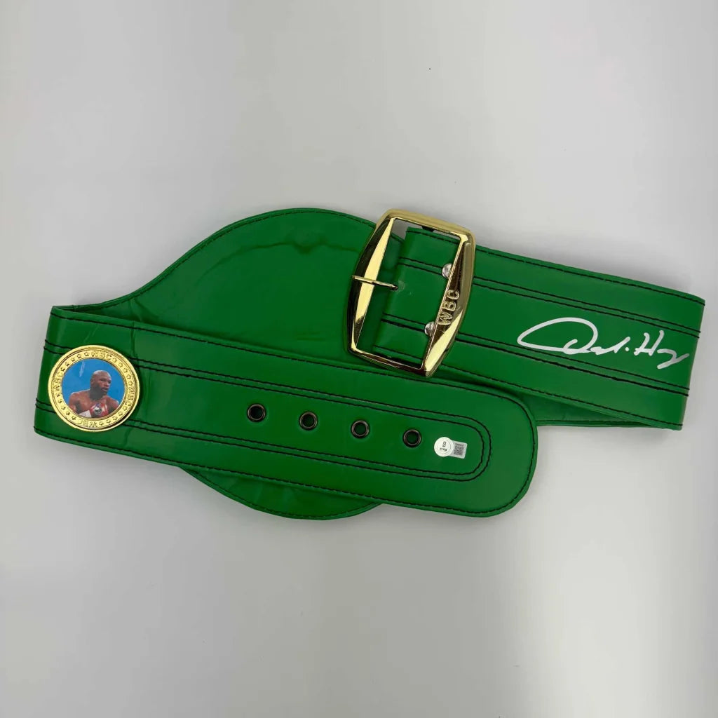 Autographed Oscar De La Hoya WBC green boxing replica championship belt with Floyd Mayweather signature