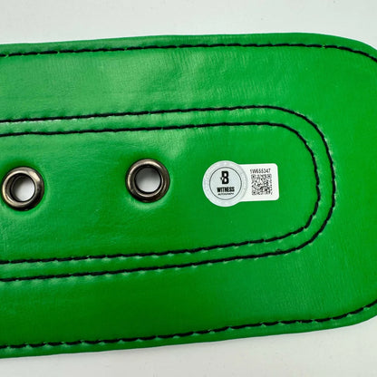 Autographed Oscar De La Hoya green leather WBC boxing belt with black stitching and silver grommets