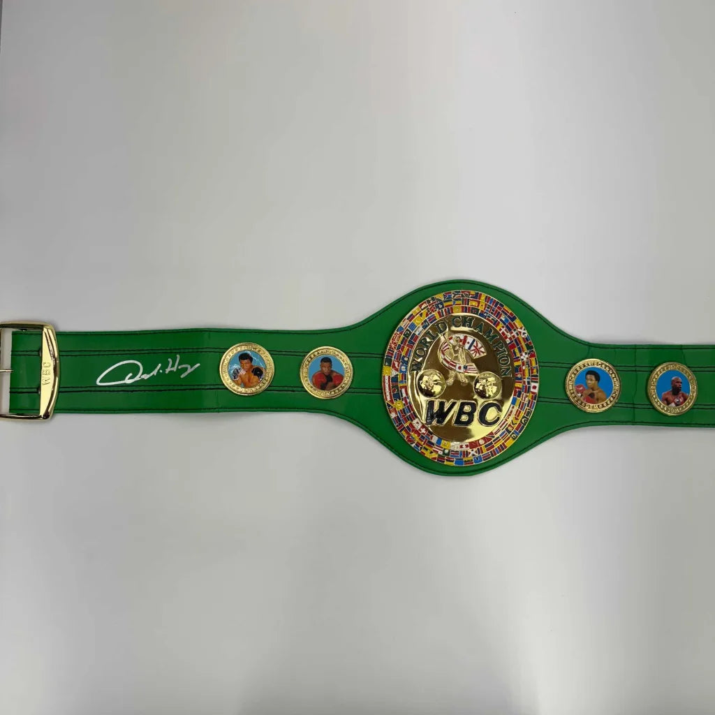 Autographed Oscar De La Hoya green WBC boxing championship belt with gold medallion