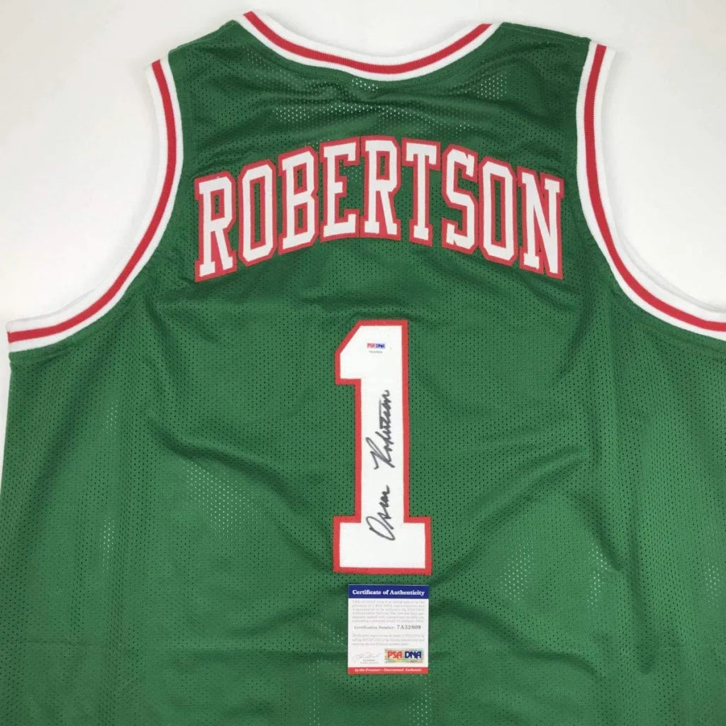 Autographed Oscar Robertson green custom jersey, Milwaukee professional sports league