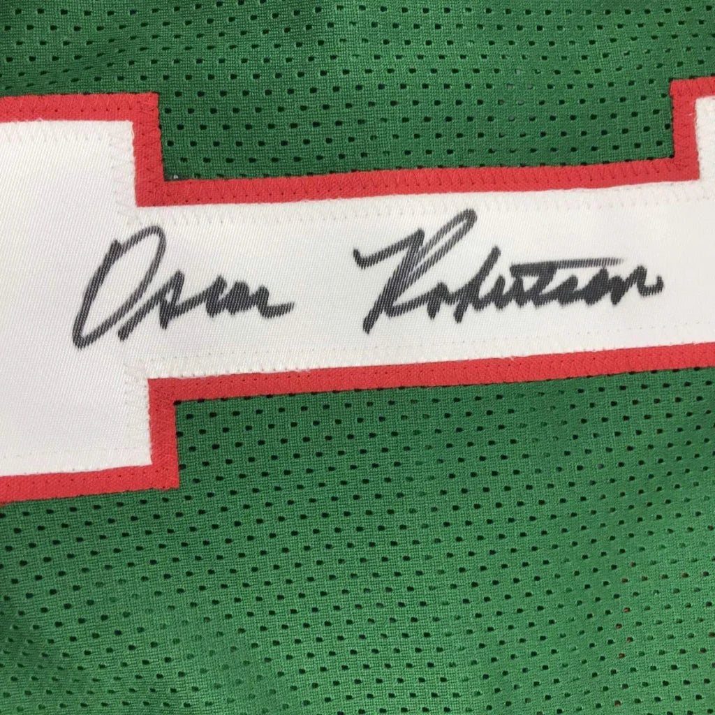 Autographed Oscar Robertson green mesh jersey with Owen Roche patch, PSA/DNA COA