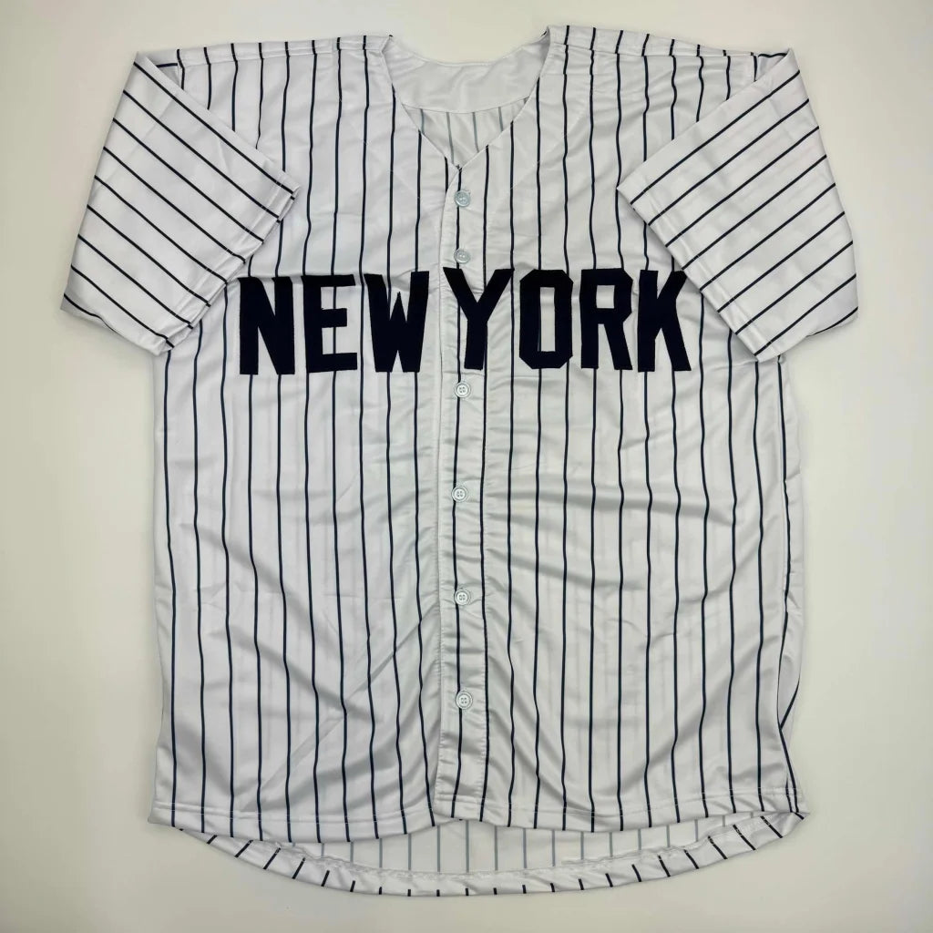 White pinstriped baseball jersey with NEW YORK for PERAZA 91 signed professional sports league collectible