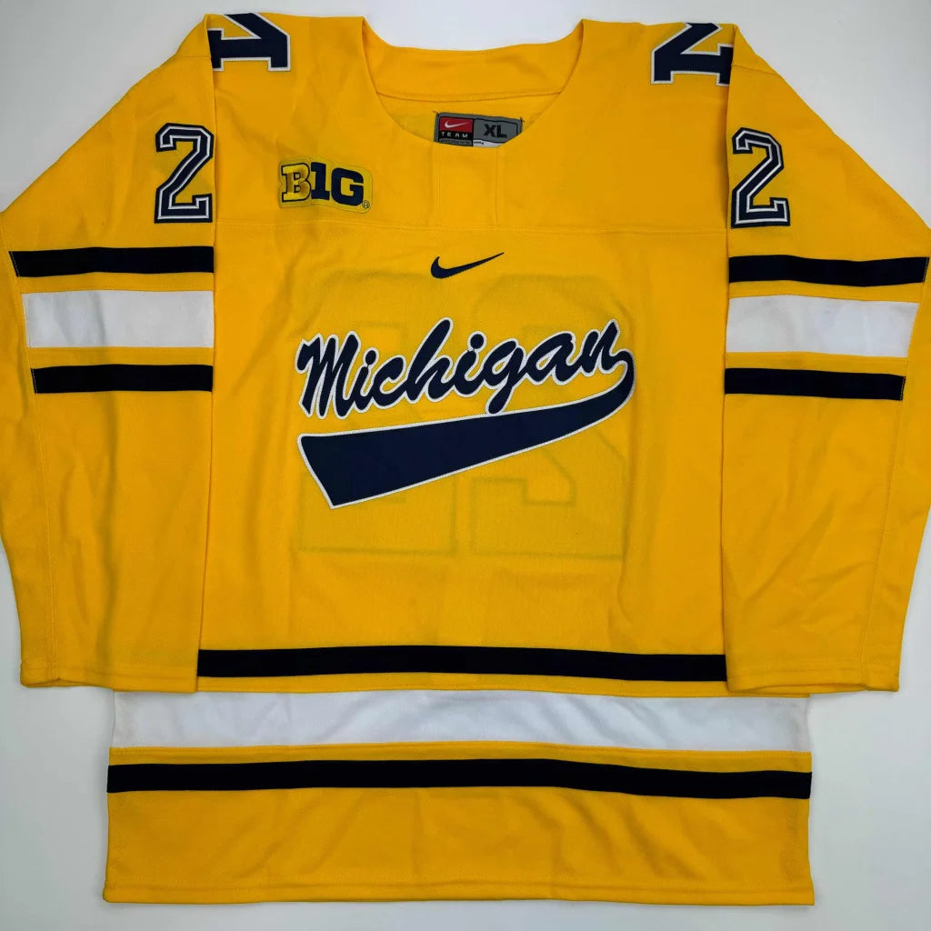 Yellow University of Michigan hockey jersey with navy and white accents for custom sports memorabilia