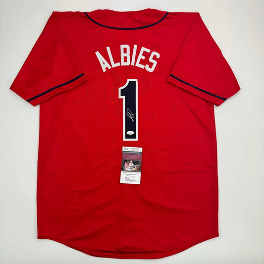Autographed Ozzie Albies Atlanta Red Baseball Jersey JSA COA | Hall of Fame Sports Memorabilia | vintageantiquesgifts.com