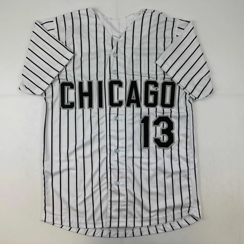 White and black pinstriped custom jersey with CHICAGO 13 for professional sports fans