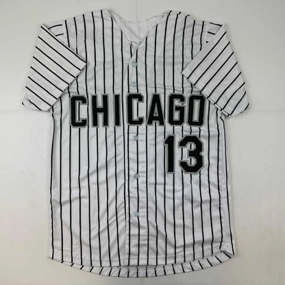 White and black pinstriped custom jersey with CHICAGO 13 for professional sports fans