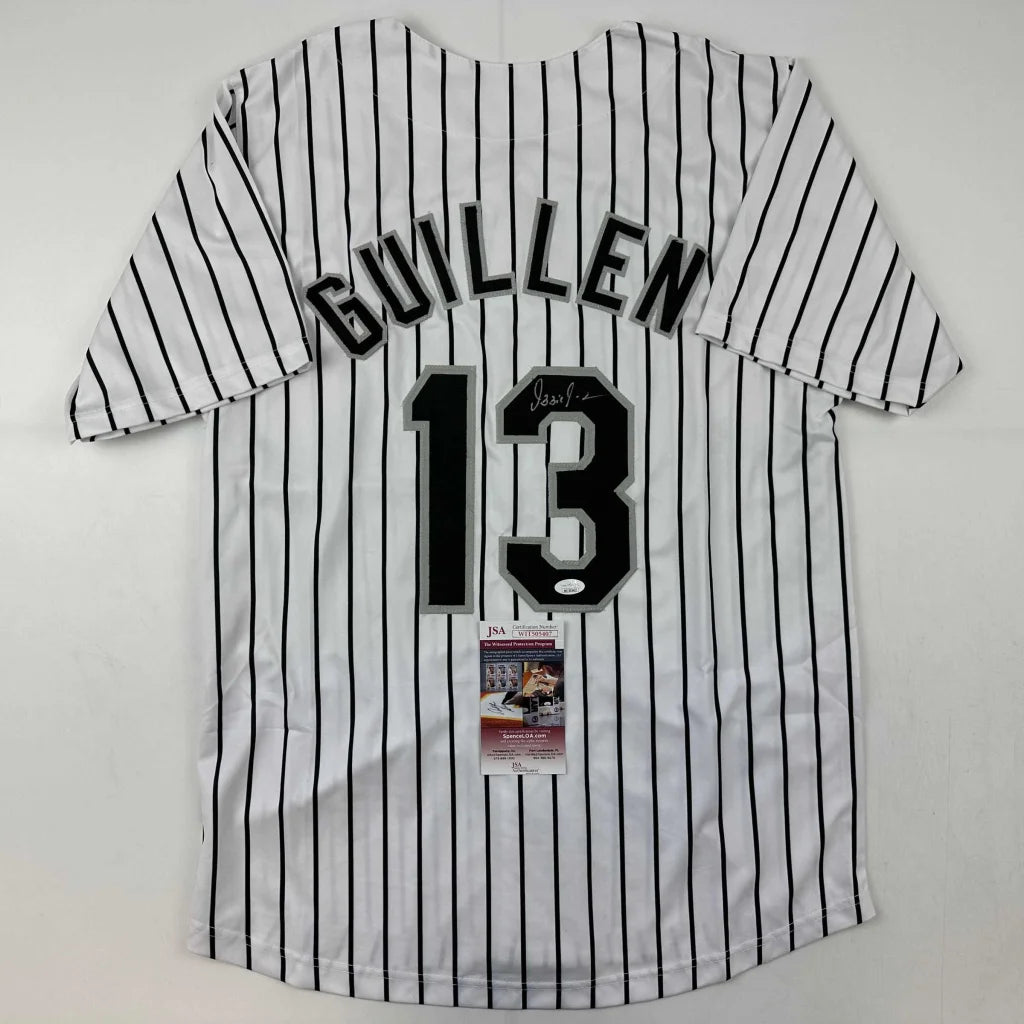 White pinstriped custom jersey with black numbers from a professional sports league