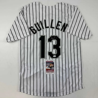 White pinstriped custom jersey with black numbers from a professional sports league