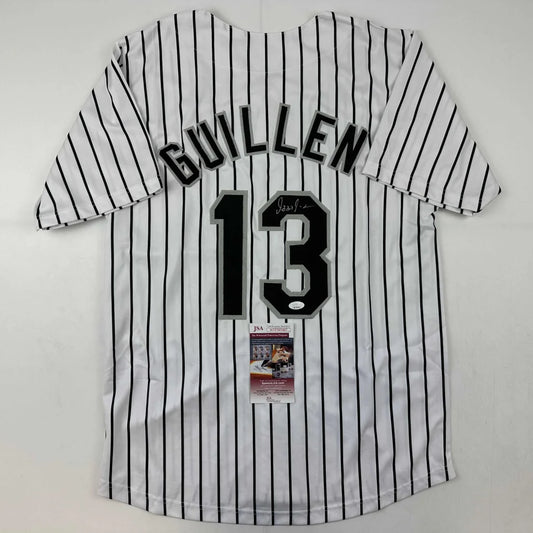 White pinstriped custom jersey with black numbers from a professional sports league