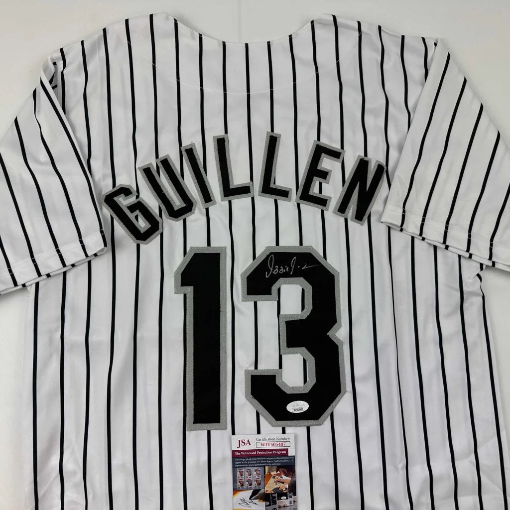 White pinstriped custom jersey with GUILLEN 13 autograph, a pro sports league collectible