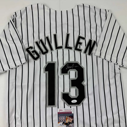 White pinstriped custom jersey with GUILLEN 13 autograph, a pro sports league collectible