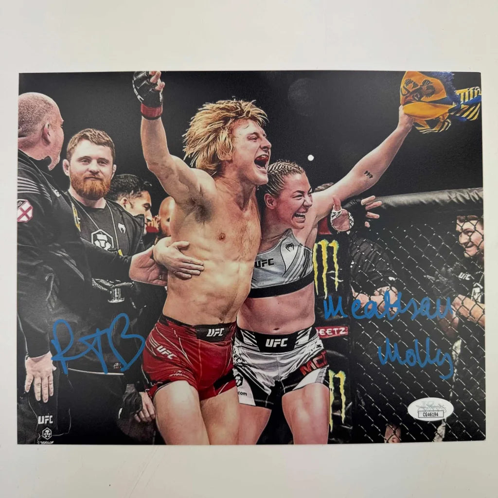 Autographed UFC victory photo of two champs looking triumphant and ready to fight