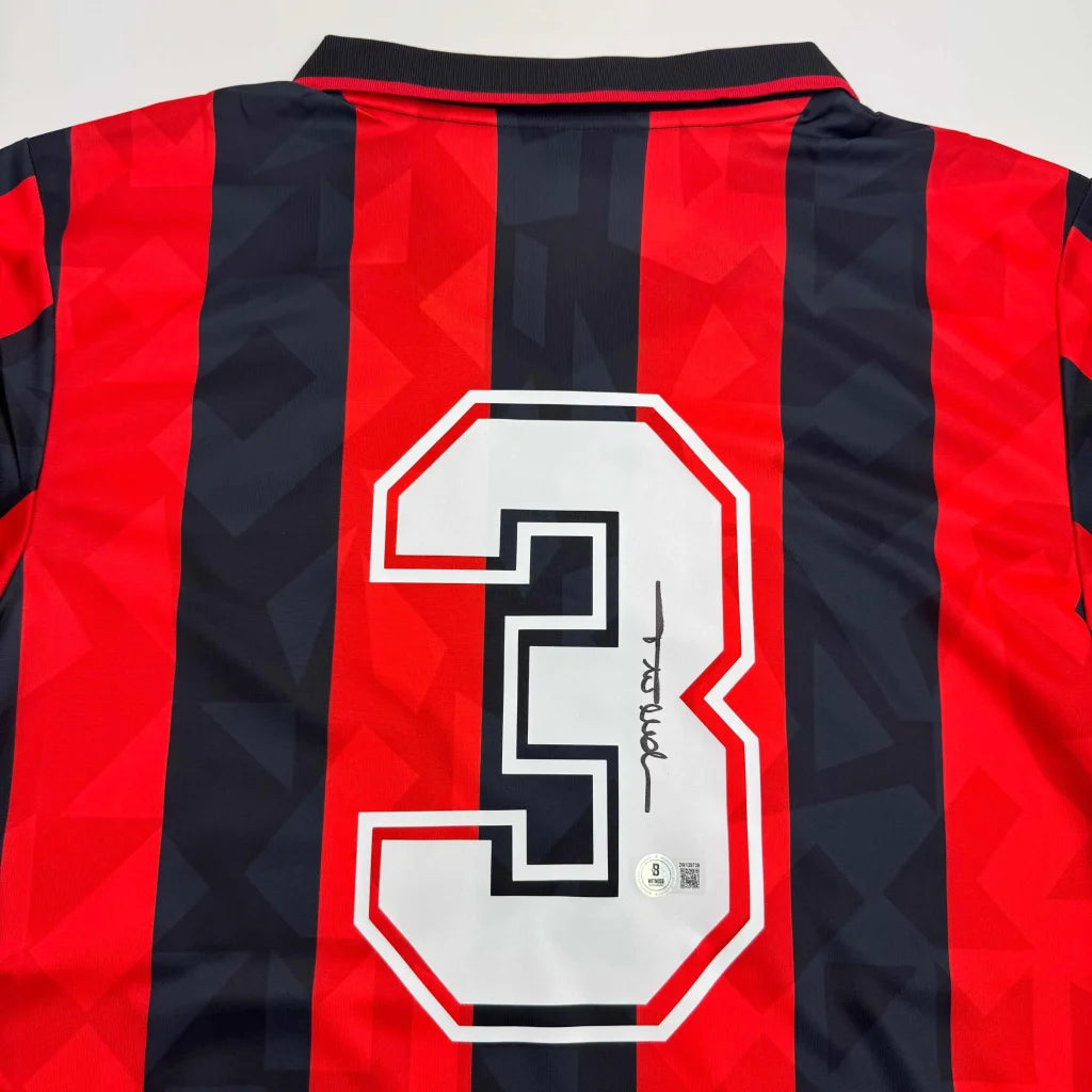 Back of autographed Paolo Maldini AC Milan red black custom jersey number 3