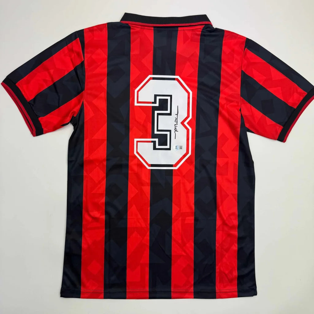 Back of autographed Paolo Maldini AC Milan custom jersey with red black stripes number 3
