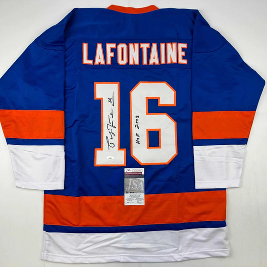Autographed Pat LaFontaine HOF custom jersey in York Blue with orange and white stripes