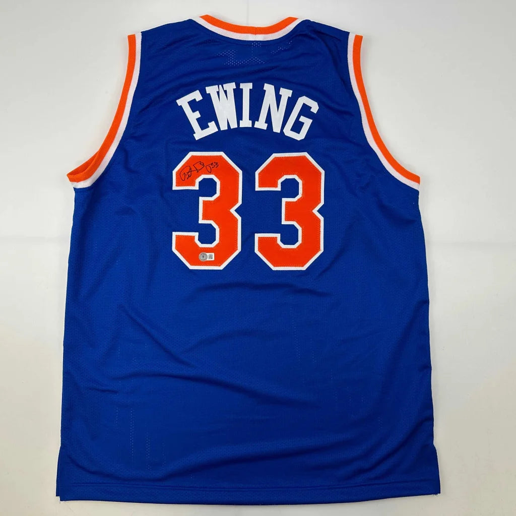 Autographed Patrick Ewing New York Blue Basketball Jersey Beckett BAS COA | Hall of Fame Sports Memorabilia | vintageantiquesgifts.com