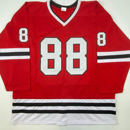 Red Patrick Kane Chicago custom jersey with white and black stripes and 88 number
