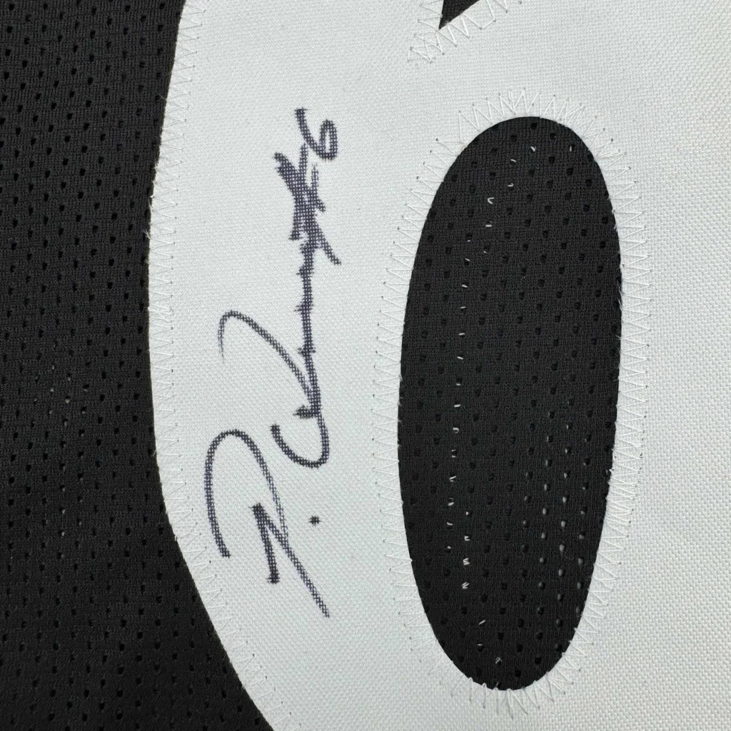 Black custom sports jersey with white number and autograph for professional sports fans
