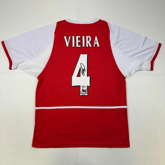 Back of red and white arsenal custom jersey with vieira number 4 and autograph for professional sports league fans