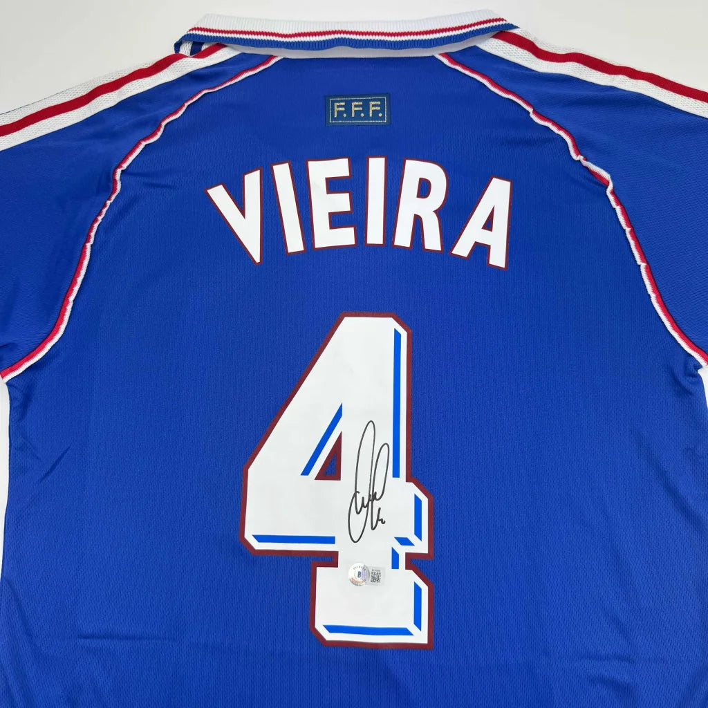 Blue and white Patrick Vieira France custom jersey with autograph for pro sports fans