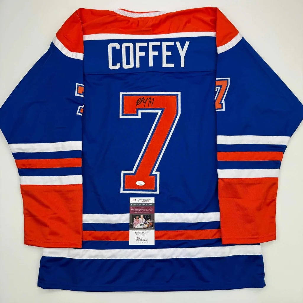 Blue and orange custom jersey with Coffey 7 autograph, perfect for professional sports fans