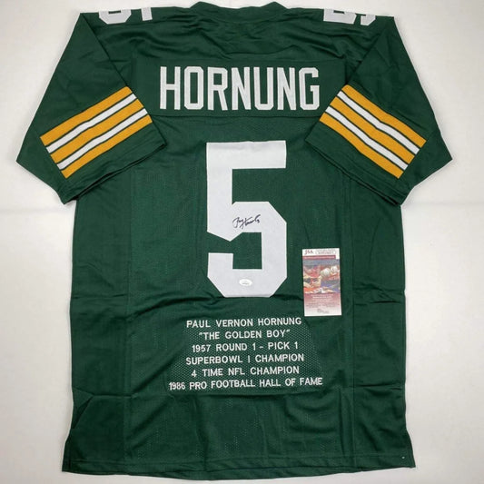 Back of green football custom jersey with white and gold stripes featuring hornung and number 5 in bold white lettering