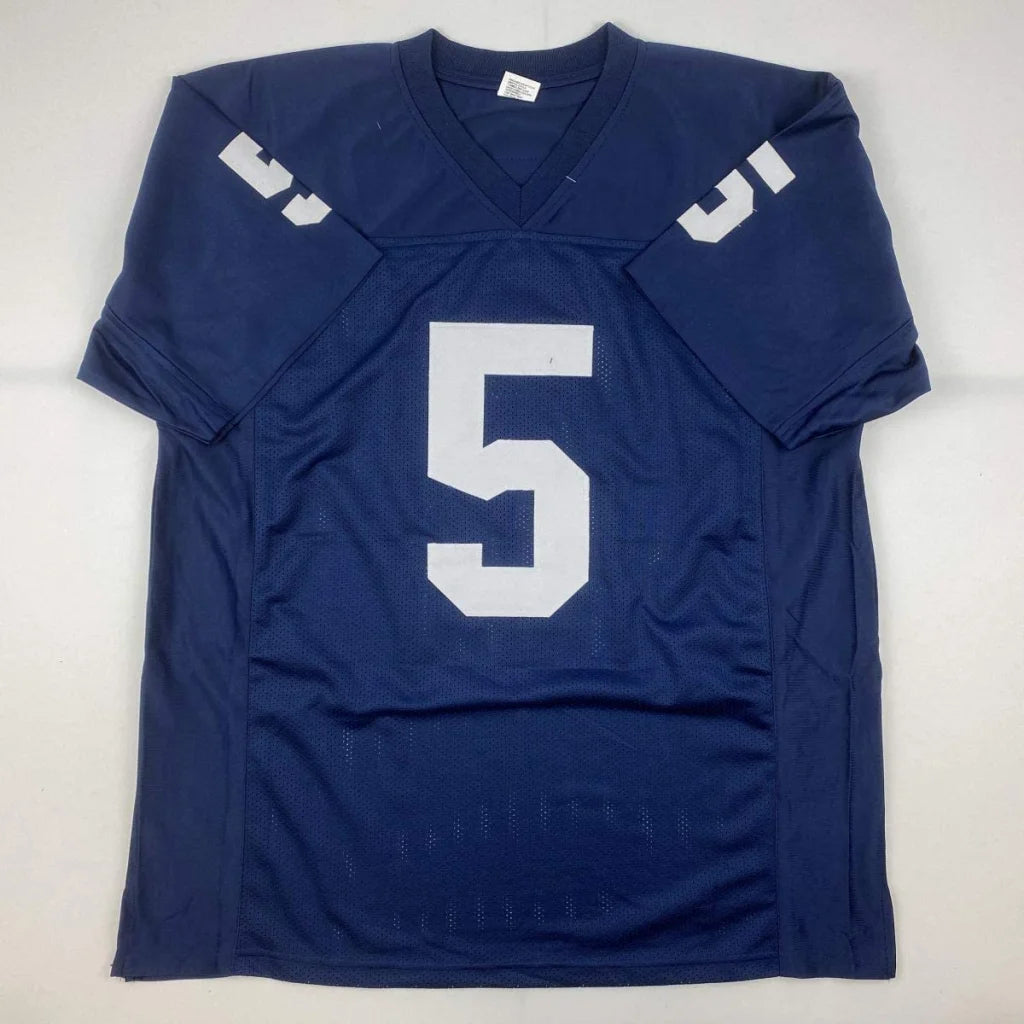 Navy blue custom jersey featuring white number 5 and shoulder patches from professional sports league athlete Paul Hornung