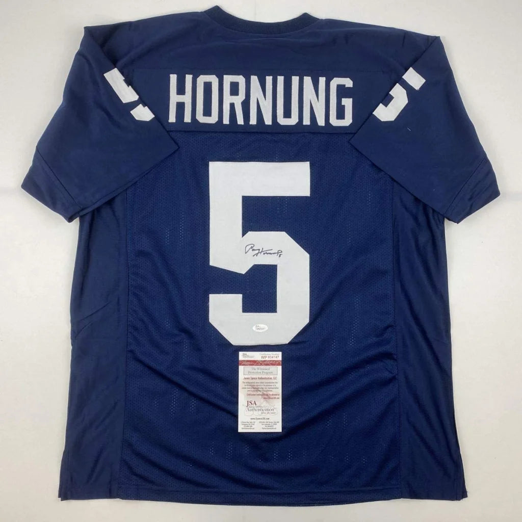 Navy blue custom jersey featuring white lettering number 5 and autograph by Paul Hornung for professional sports league fans