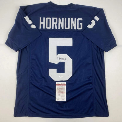 Navy blue custom jersey featuring white lettering number 5 and autograph by Paul Hornung for professional sports league fans