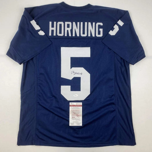 Navy blue custom jersey featuring white lettering number 5 and autograph by Paul Hornung for professional sports league fans
