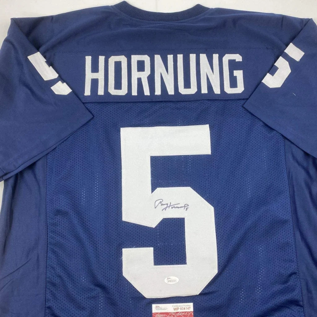 Back of blue mesh custom jersey signed by Paul Hornung with white lettering number 5 and JSA COA authentication