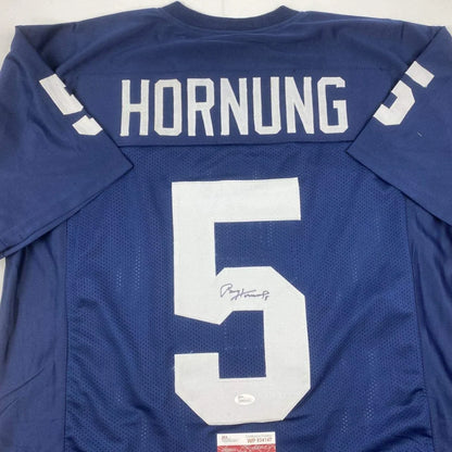 Back of blue mesh custom jersey signed by Paul Hornung with white lettering number 5 and JSA COA authentication