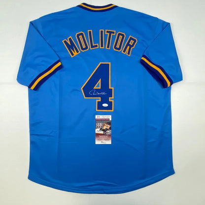 Autographed Paul Molitor custom jersey in vibrant royal blue with gold trim, number 4