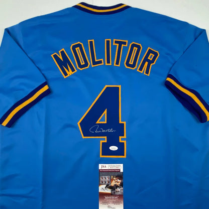 Autographed Paul Molitor custom jersey in Milwaukee blue with navy 4 and gold outline