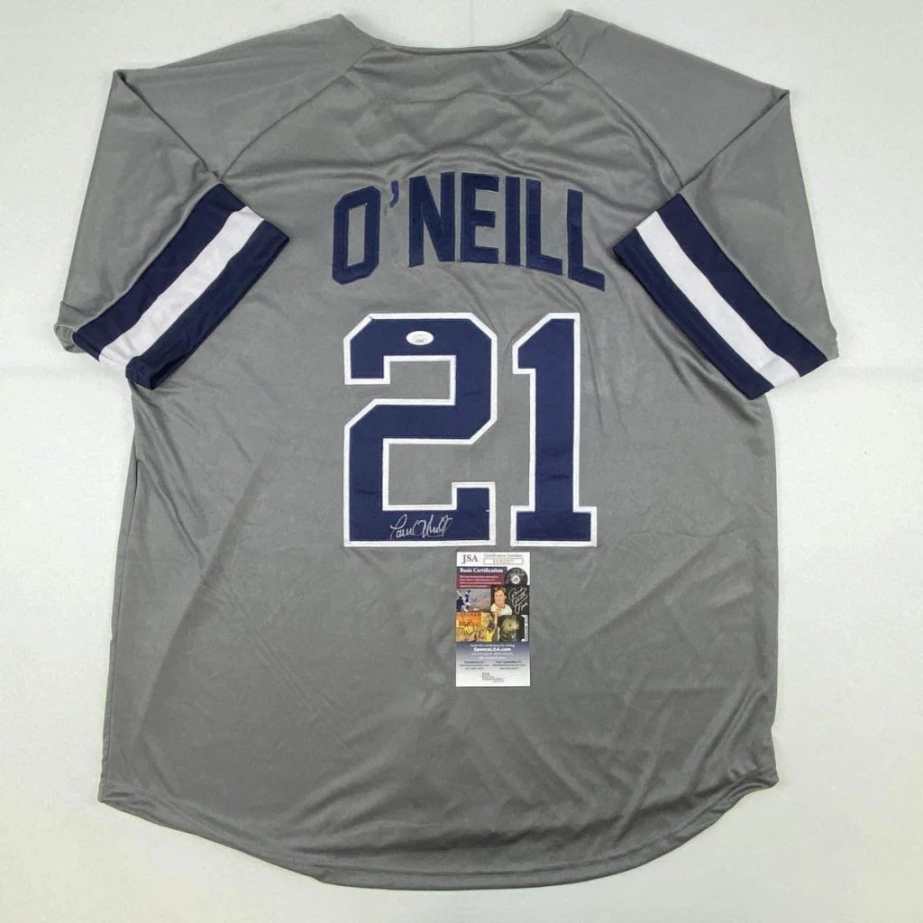 Autographed Paul O’Neill gray custom jersey with navy blue lettering, number 21, JSA COA