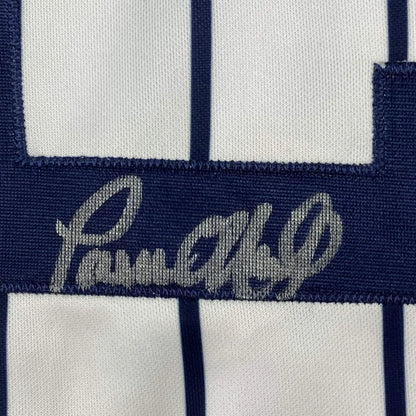 Autographed Paul ONeill New York Yankees custom jersey with navy blue and white pinstripes and silver Pamela embroidered logo