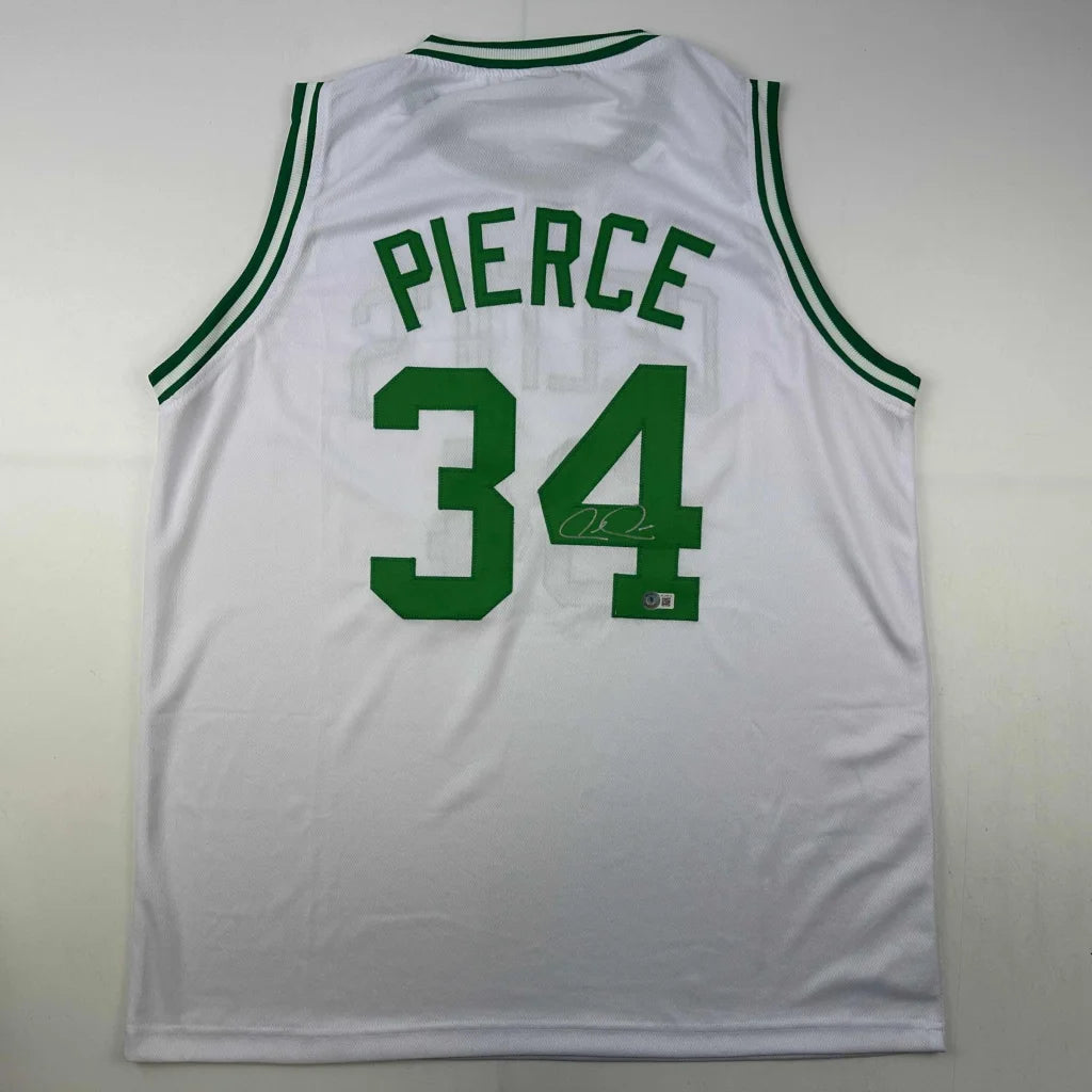 Back of autographed Paul Pierce custom Boston white basketball jersey, number 34
