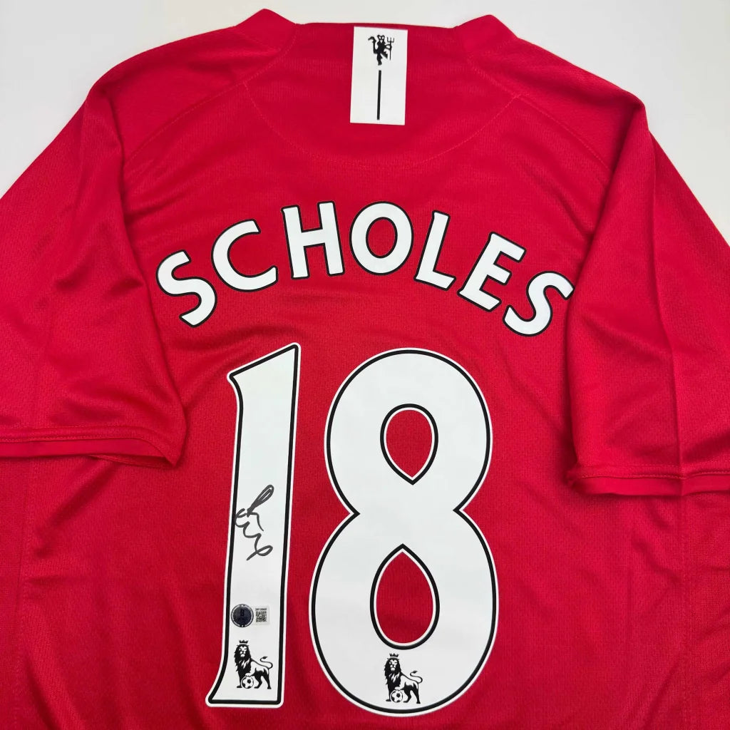 Autographed Paul Scholes Manchester United Red Soccer Jersey Beckett BAS COA | Certified Authentic Signed Memorabilia | vintageantiquesgifts.com