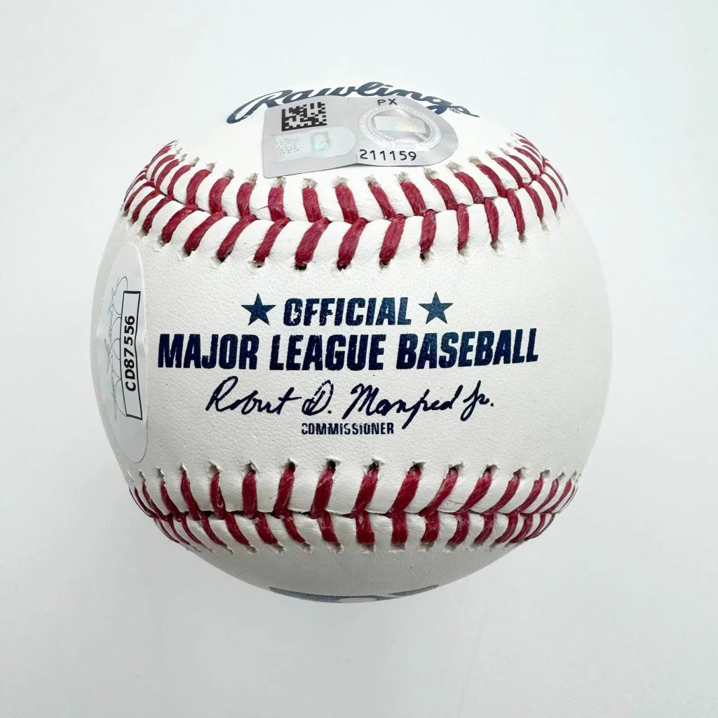 Official MLB Baseball with red stitches and third party authentication stickers