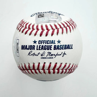 Official MLB Baseball with red stitches and third party authentication stickers