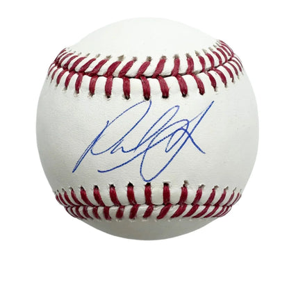White MLB baseball with red stitching and blue autograph, third party authentication included
