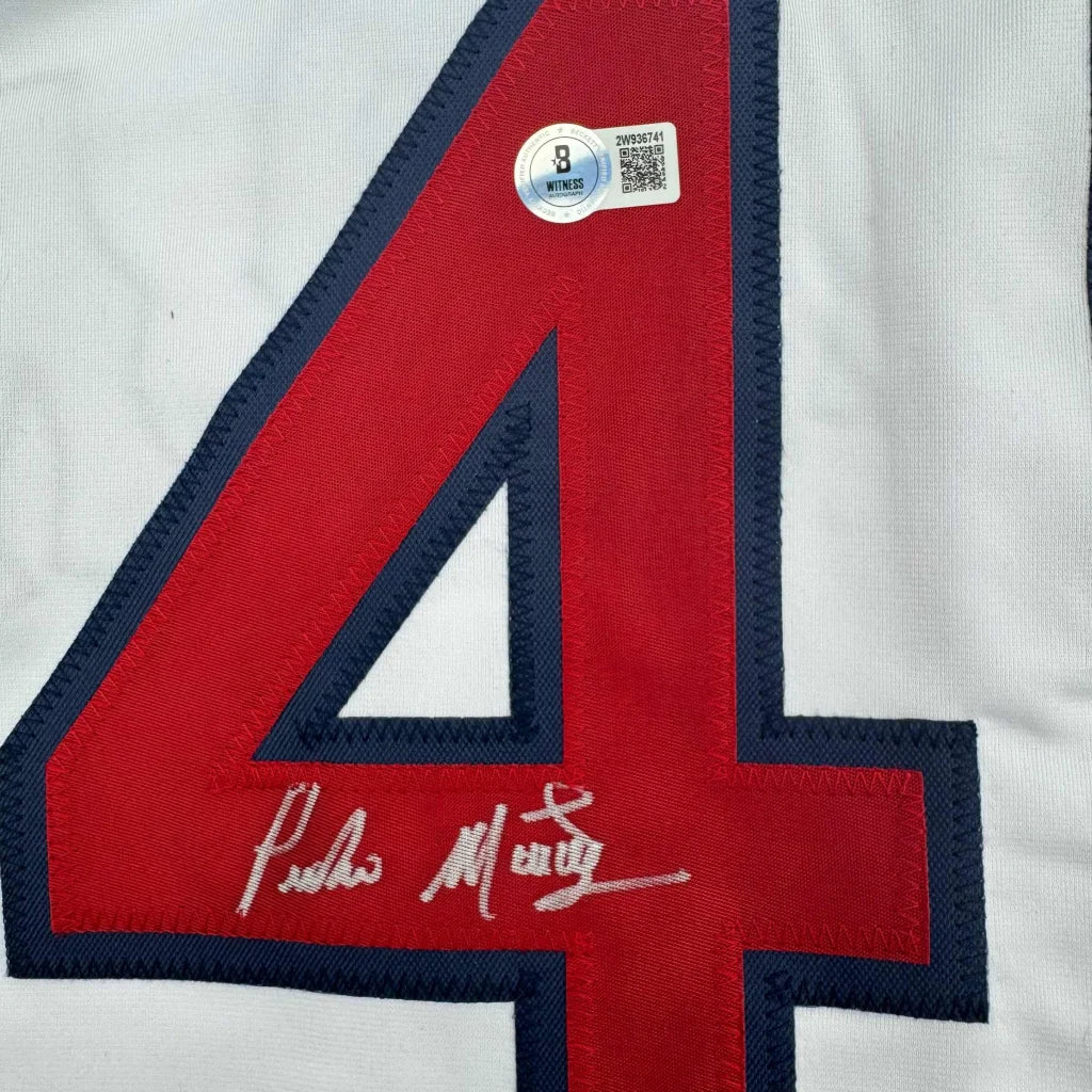 White custom jersey with red and blue 4 autographed and authentication sticker for sports fans